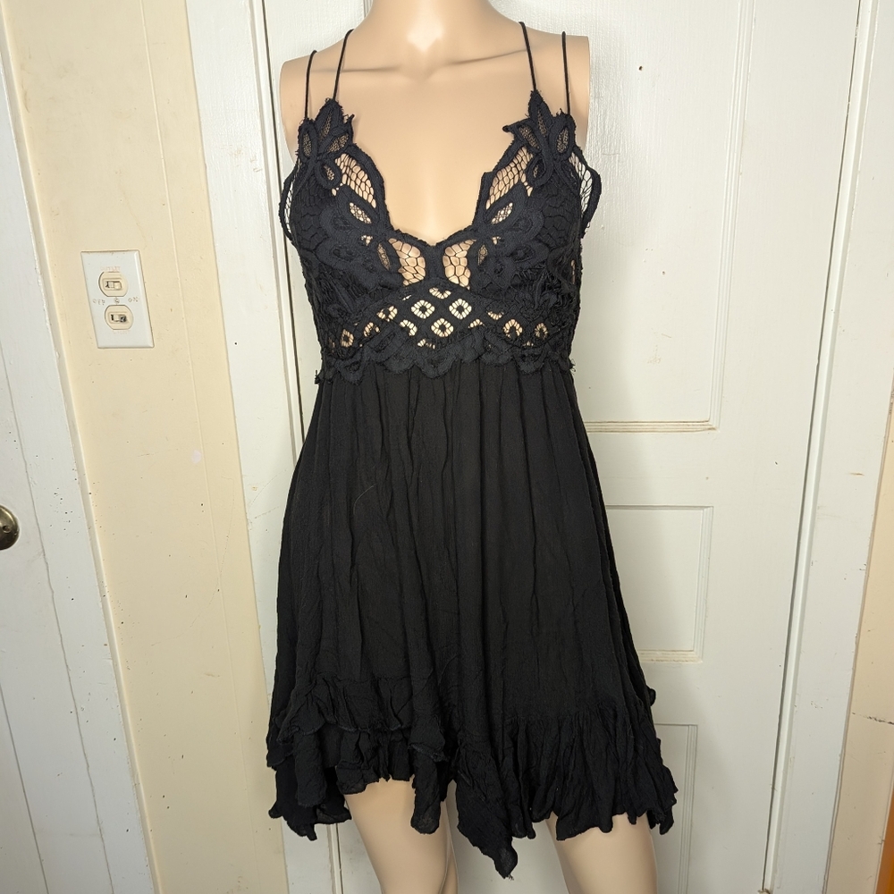 Free People One Adella Lace Slip Dress In Black, Size M